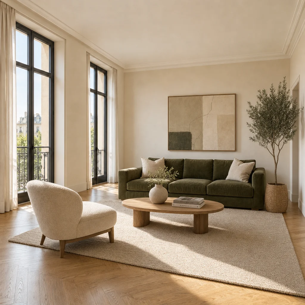 The same room furnished by Photochop with a sofa, rug, and coffee table