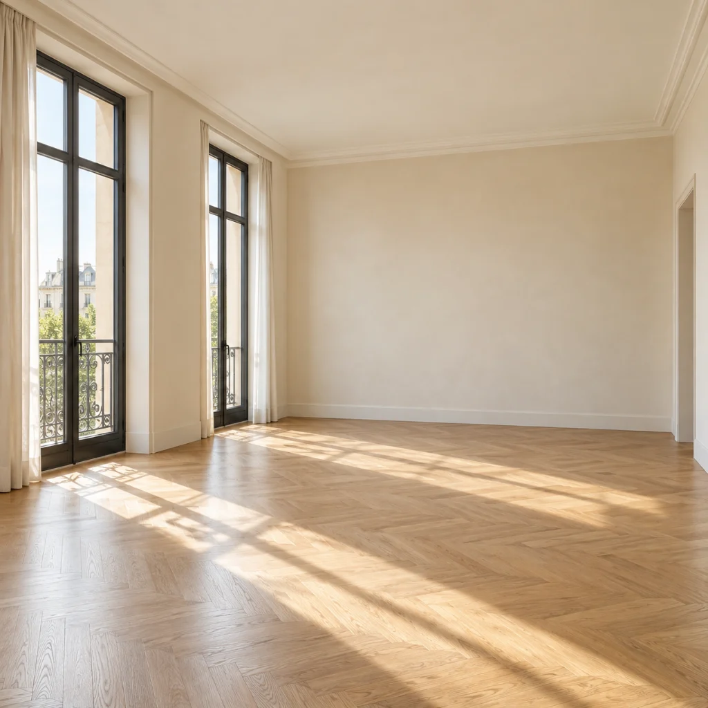 An empty sunlit room before editing