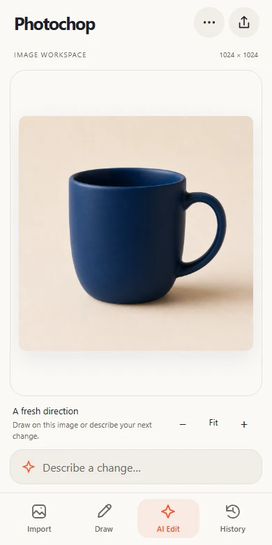 Photochop on a phone: a blue mug on the canvas, with Import, Draw, AI Edit, and History tools below